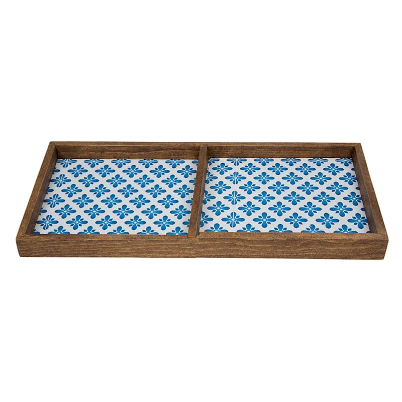 2-Compartment Blue Tile Wood Tray, 14" 3 2-Compartment Blue Tile Wood Tray, 14" - Image 3