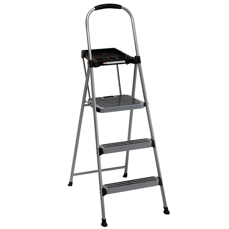 3-Step Grey Metal Step Ladder With Tray 2 3-Step Grey Metal Step Ladder With Tray - Image 2