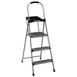 3-Step Grey Metal Step Ladder With Tray