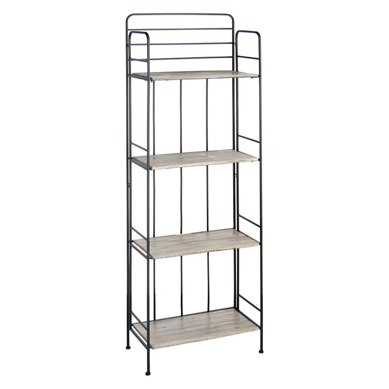 4-Tier Black Metal Baker Rack With Folding Wood Top Shelves 1 4-Tier Black Metal Baker Rack With Folding Wood Top Shelves