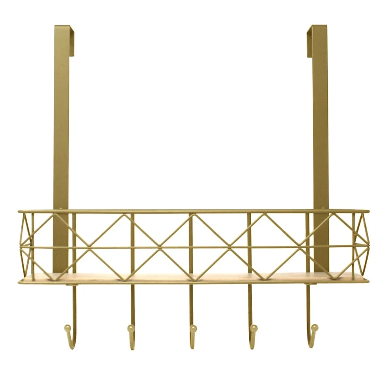 5-Hook Gold Bombay Diamond With Bamboo Brass Basket Over The Door Hanger 1 5-Hook Gold Bombay Diamond With Bamboo Brass Basket Over The Door Hanger