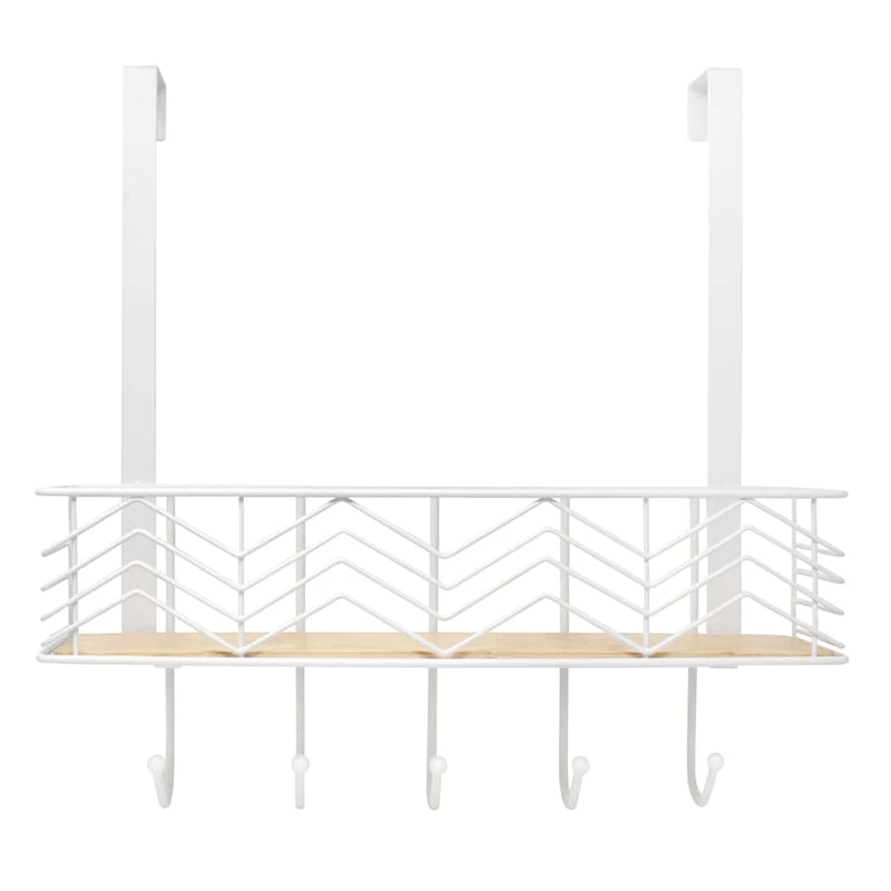 5-Hook White Chevron Bombay Diamond With Bamboo Wooden Basket Over The Door Hanger 1 5-Hook White Chevron Bombay Diamond With Bamboo Wooden Basket Over The Door Hanger