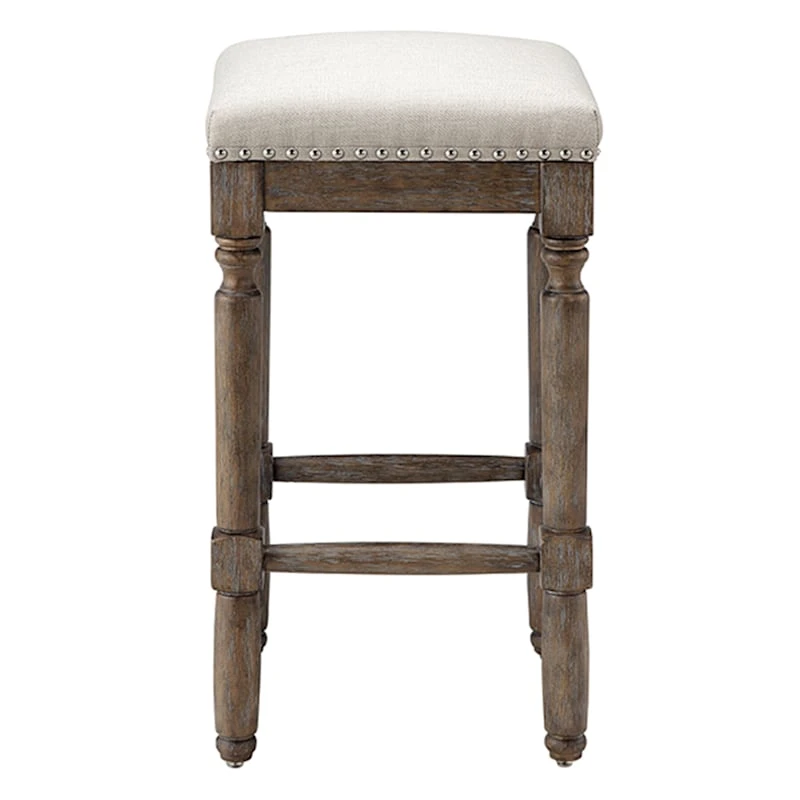 Ainsley Upholstered Tan Wood Counter Stool With Nailhead Trim, 26" 2 Ainsley Upholstered Tan Wood Counter Stool With Nailhead Trim, 26" - Image 2