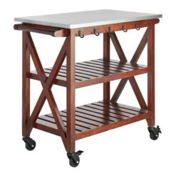 Antwerp Wood Bar Cart With Metal Top And Towel Hooks