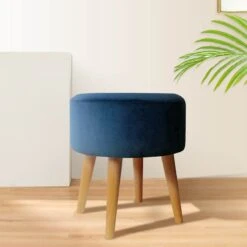 Emmy Navy Blue Velvet Round Wood Leg Ottoman -Furniture Store emmy navy blue velvet round wood leg ottoman 4