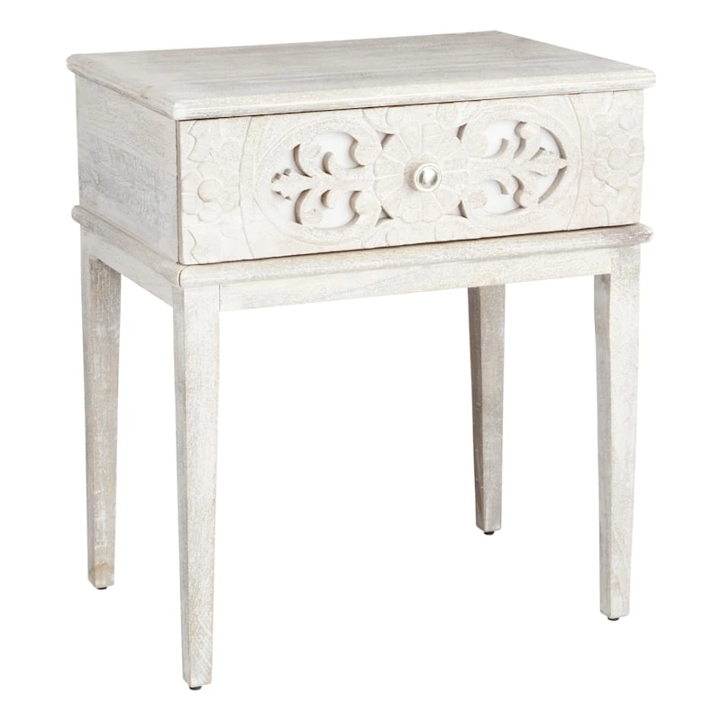 Found & Fable Grey Wash Carved Single Drawer Nightstand 1 Found & Fable Grey Wash Carved Single Drawer Nightstand