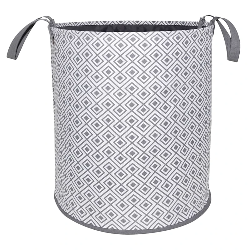 Geo Round Canvas Collapsible Laundry Hamper With Handles, Grey 1 Geo Round Canvas Collapsible Laundry Hamper With Handles, Grey