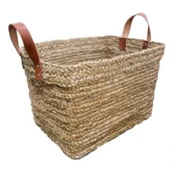 Honeybloom Austin Rectangle Seagrass Storage Basket With Leather Handles, Medium