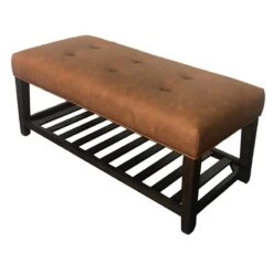 Honeybloom Collins Leather Bench, Brown -Furniture Store honeybloom collins leather bench brown 2