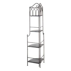 Metal Corner Rack With Brown Decorative Arch & Folding Wood-Top Shelves, 63" -Furniture Store metal corner rack with brown decorative arch folding wood top shelves 63 2