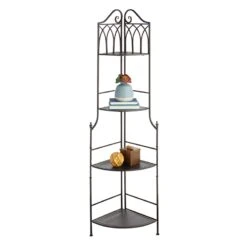Metal Corner Rack With Brown Decorative Arch & Folding Wood-Top Shelves, 63" -Furniture Store metal corner rack with brown decorative arch folding wood top shelves 63 5