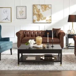 Providence Chesterfield Brown Faux Leather Tufted Sofa, 79" -Furniture Store providence chesterfield brown faux leather tufted sofa 79 7