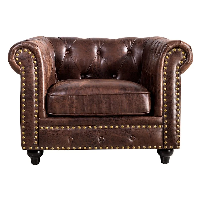 Providence Chesterfield Tufted Brown Faux Leather Rolled Armchair 2 Providence Chesterfield Tufted Brown Faux Leather Rolled Armchair - Image 2