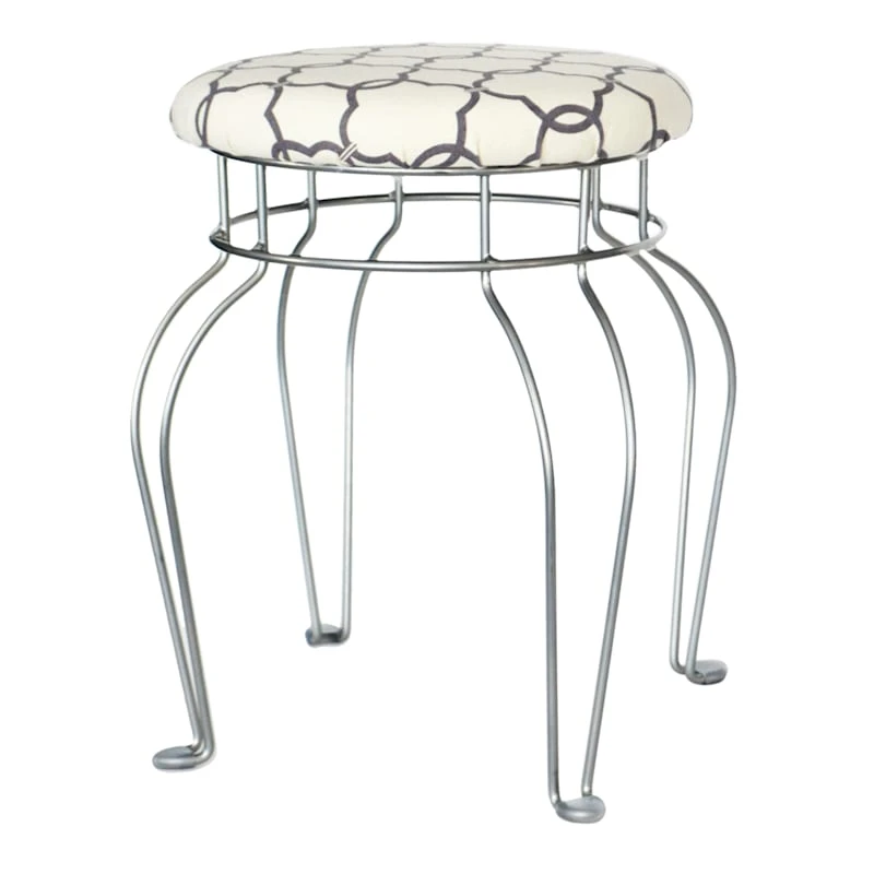 Quatrefoil Silver Wire Vanity Stool/Ivory Printed Fabric Seat 1 Quatrefoil Silver Wire Vanity Stool/Ivory Printed Fabric Seat