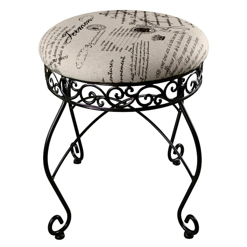 Round Metal Scroll Vanity Stool With French Script Cushion 2 Round Metal Scroll Vanity Stool With French Script Cushion - Image 2