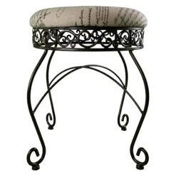 Round Metal Scroll Vanity Stool With French Script Cushion