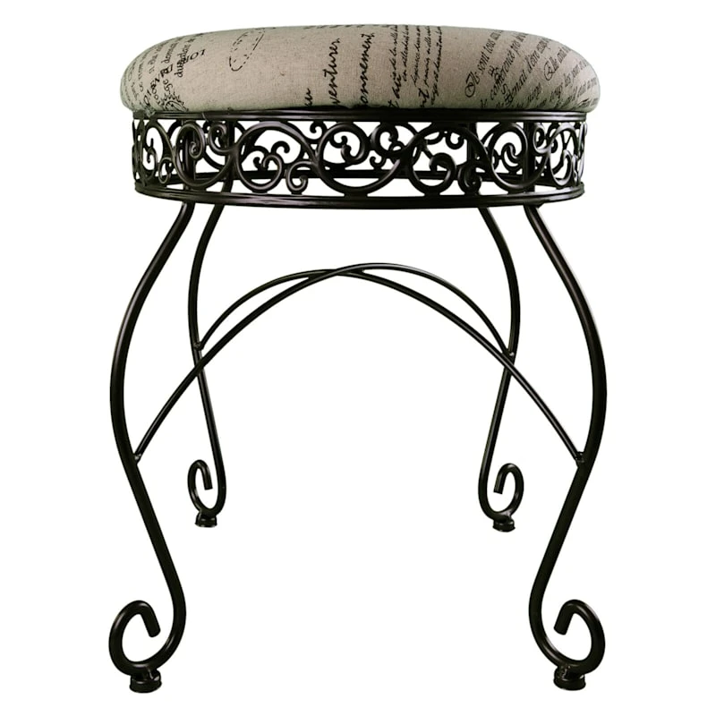 Round Metal Scroll Vanity Stool With French Script Cushion 1 Round Metal Scroll Vanity Stool With French Script Cushion