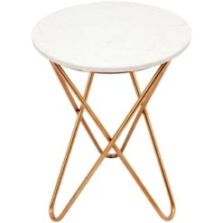 White Marble-Top Side Table With Gold Metal Hairpin Legs